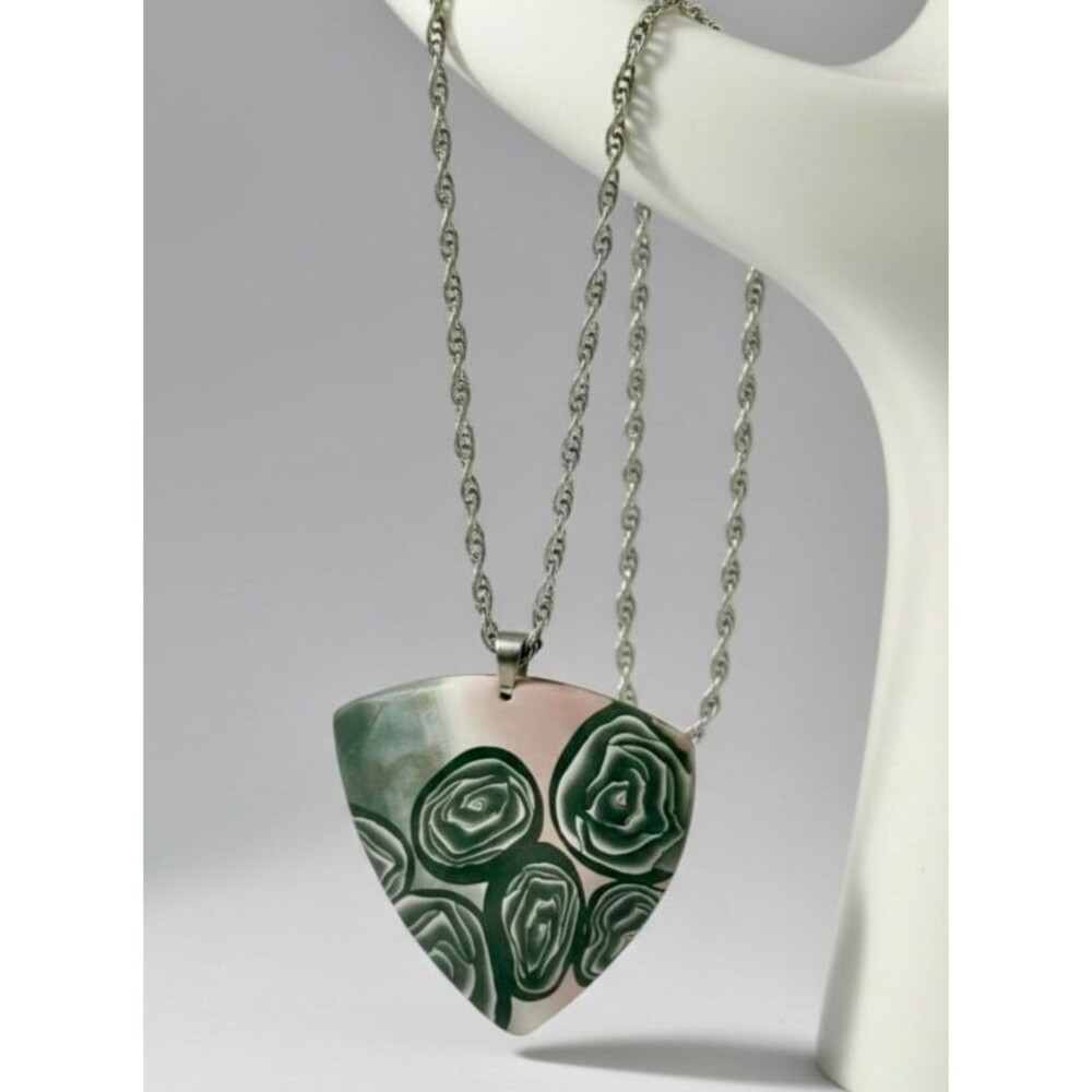Handmade Black Rose Pink Gray Polymer Clay Floral Statement Pendant Necklace